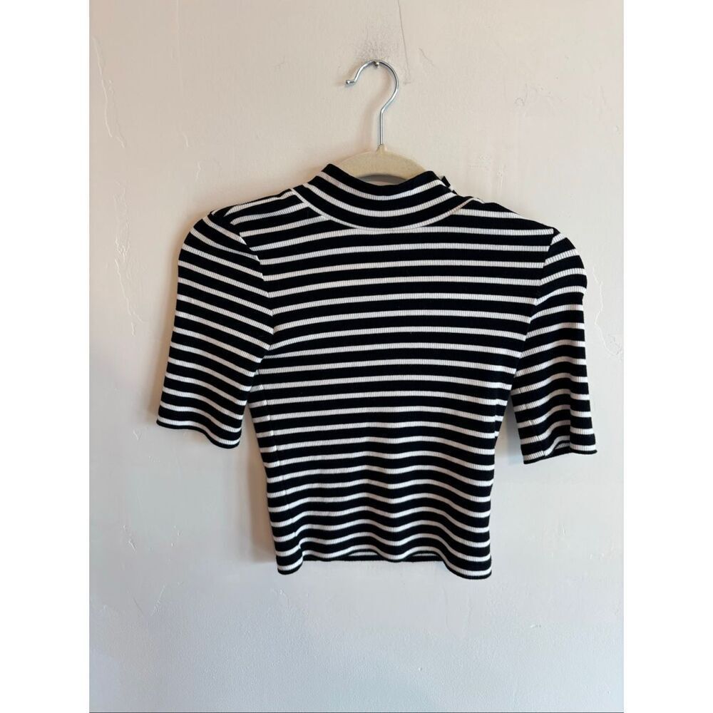 Maeve x Anthropologie Striped Mock Neck Tee Size XXS Black White Short Sleeve - Picture 3 of 6